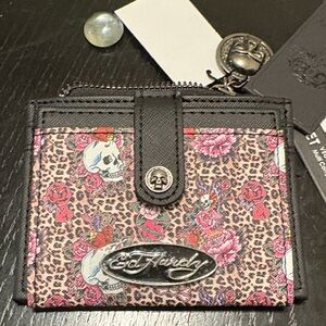 Ed Hardy Pink and Black Skull Floral Wallet